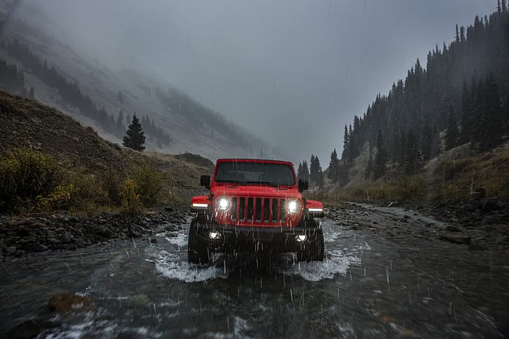 luce, rosso, pioggia, vista frontale, 2018, Jeep, Wrangler Rubicon, Sfondo HD