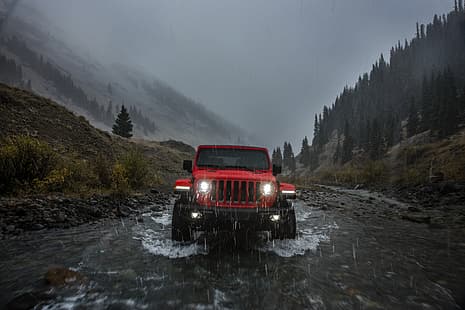 luce, rosso, pioggia, vista frontale, 2018, Jeep, Wrangler Rubicon, Sfondo HD HD wallpaper