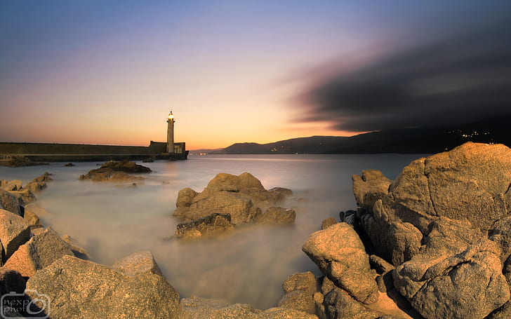lighthouse, sea, water, sunset, sky, clouds, rock, nature, landscape, Corsica, HD wallpaper