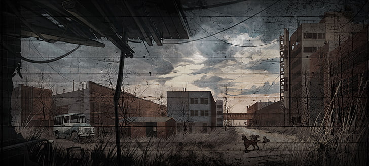 white building, dogs, figure, art, Stalker, blind dogs, S.T.A.L.K.E.R. Call of Pripyat, Call Of Pripyat, the plant Jupiter, HD wallpaper