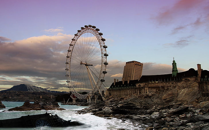 white Ferris wheel, city, london, wheel, disaster, HD wallpaper