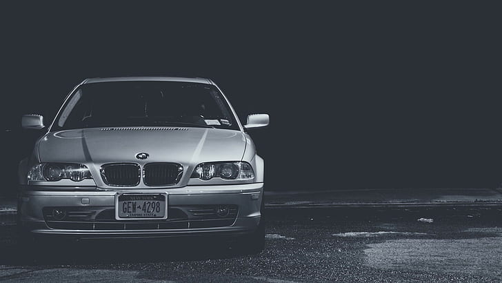 BMW, E46, silver bmw car, E46, BMW, black-and-white, HD wallpaper