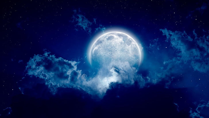 fullmåne, måne, himmel, natthimmel, stjärnor, stjärnklar, stjärnklar natt, moln, månsken, månbelyst, HD tapet