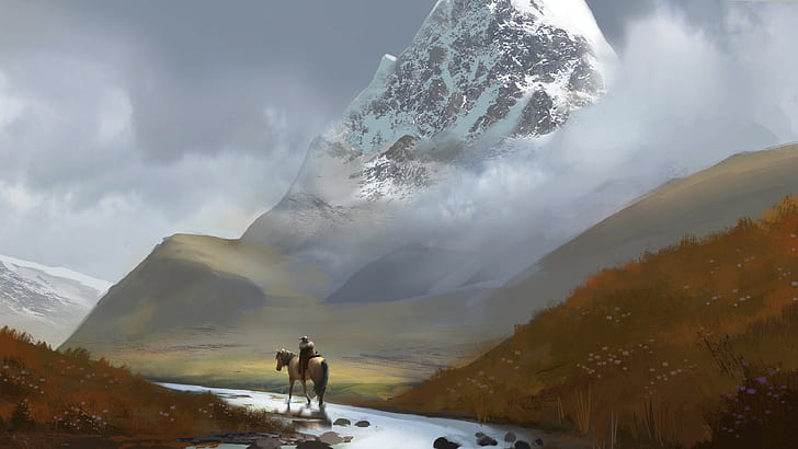 hills, landscape, artwork, mountains, men, river, field, horse, digital art, snowy peak, HD wallpaper