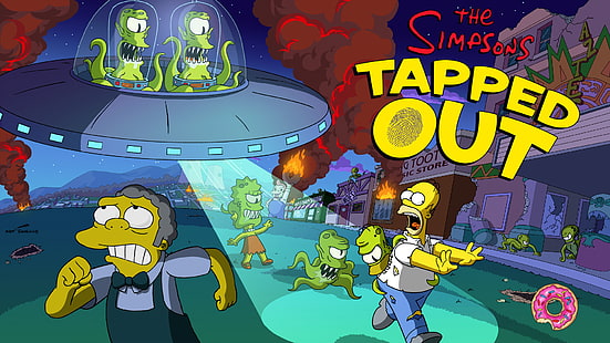 The Simpsons tapped out wallpaper, The Simpsons, Tapped Out, aliens, Lisa Simpson, Moe Szyslak, Kang and Kodos, Homer Simpson, HD wallpaper HD wallpaper