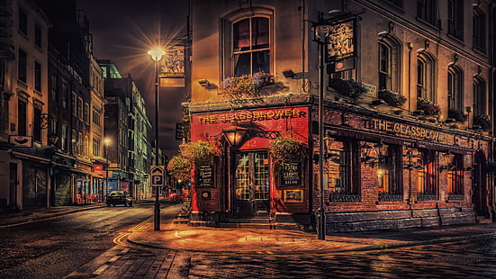 edificio in cemento rosso e grigio, città, notte, Londra, pub, ristorante, strada, strada bagnata, marciapiedi, Sfondo HD HD wallpaper