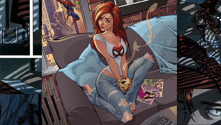 lukisan wanita berambut coklat, tanpa judul, Spider-Man, Mary Jane Watson, berambut merah, wanita, kartun, komik, Marvel Comics, J. Scott Campbell, belahan dada, Wallpaper HD