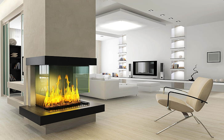 interior, chair, fireplace, bathroom, HD wallpaper