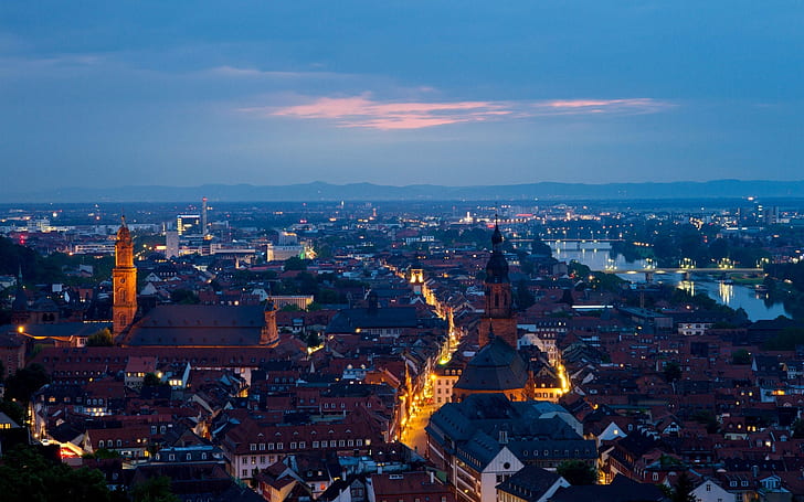 Heidelberg, Tyskland, stad, kväll, hus, gator, ljus, Heidelberg, Tyskland, stad, kväll, hus, gator, lampor, HD tapet