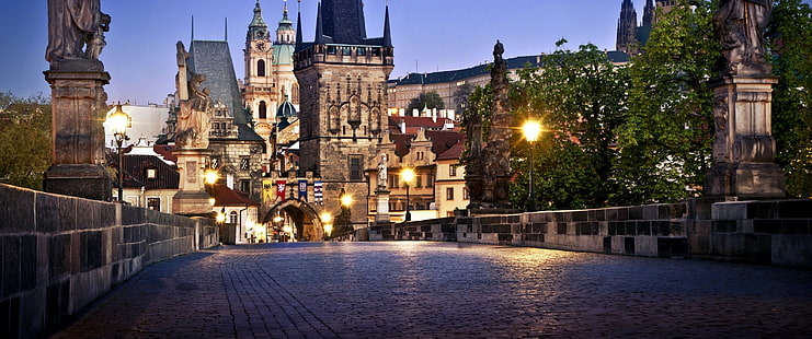 ultrawide, köprü, Prag, şehir, eski bina, alacakaranlık, HD masaüstü duvar kağıdı HD wallpaper