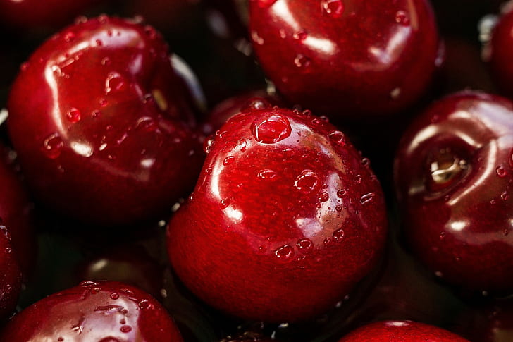 fotografía, fruta, gotas de agua, rojo, cerezas, cerezas (comida), macro, Fondo de pantalla HD