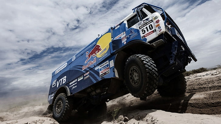 camion monstre Red Bull bleu et blanc, transport, voiture, rallye Dakar, Fond d'écran HD