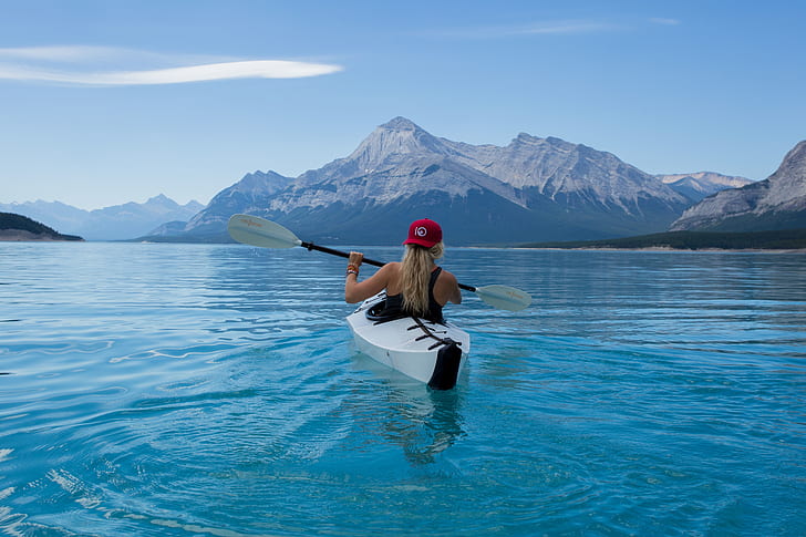girl, landscape, mountains, nature, lake, boat, Mike, blonde, cap, rowing, paddle, kayak, HD wallpaper