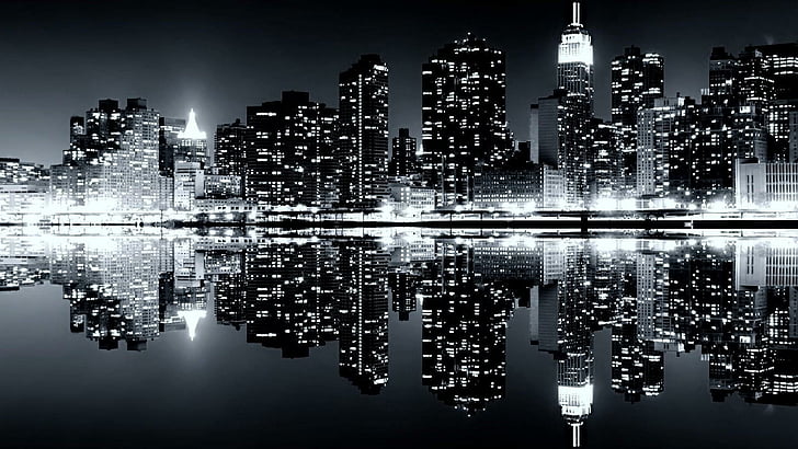 new york city, new york, reflection, skyline, buildings, metropolis, black-and-white, b&w, united states, usa, monochrome, cityscape, city lights, lights, HD wallpaper