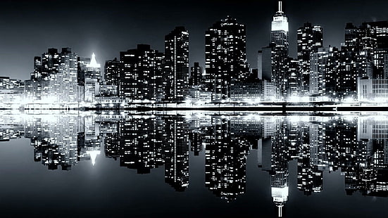 ニューヨーク市、ニューヨーク、反射、スカイライン、建物、大都市、白黒、白黒、アメリカ合衆国、アメリカ、モノクロ、都市景観、街の明かり、ライト、 HDデスクトップの壁紙 HD wallpaper