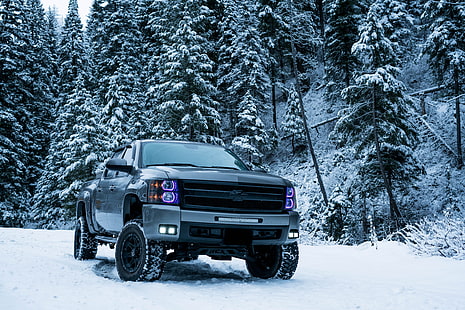 camioncino scoperto grigio Chevrolet Silverado per cabina equipaggio, suv, inverno, neve, alberi, Sfondo HD HD wallpaper