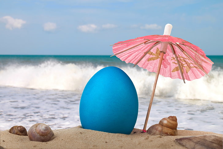 sand, sea, beach, the sky, clouds, umbrella, mood, stay, wave, horizon, shell, resort, sunlight, Easter picture, painted egg, HD wallpaper
