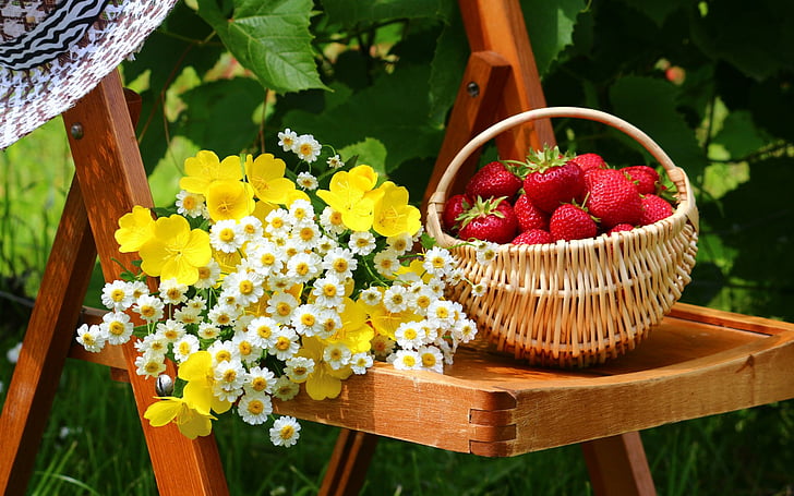 果物、イチゴ、バスケット、花、庭、自然、 HDデスクトップの壁紙