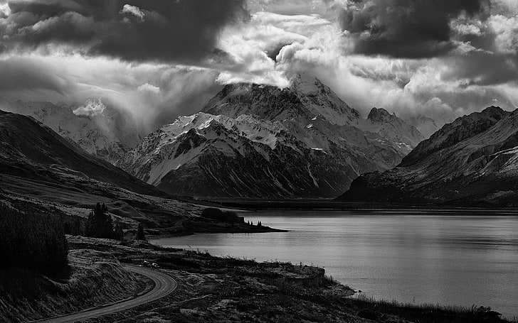 grayscale photo of mountain, nature, landscape, lake, mountains, road, clouds, monochrome, Scotland, trees, snowy peak, dark, HD wallpaper