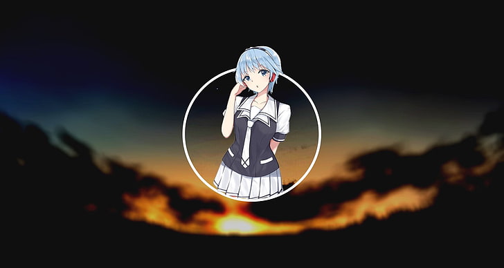 Fuuka, Yuzuki Fuuka, puesta de sol, cabello azul, anime, chicas anime, cielo, Fondo de pantalla HD