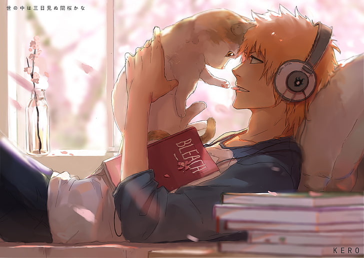 bleach, kurosaki ichigo, lying down, playing with cat, headphones, profile view, Anime, HD wallpaper