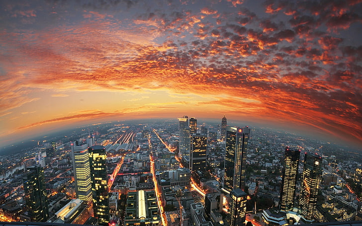 stadsbyggnader, stadsbild, Frankfurt, Tyskland, solnedgång, färgglada, ljus, himmel, moln, skyskrapa, arkitektur, landskap, natur, skyline, byggnad, urban, modern, Europa, kväll, HD tapet