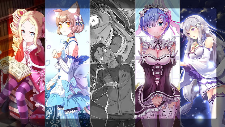 Anime, Re: ZERO - Başka Bir Dünyada Hayata Başlamak -, Beatrice (Re: ZERO), Emilia (Re: ZERO), Ferris (Re: ZERO), Rem (Re: ZERO), Subaru Natsuki, HD masaüstü duvar kağıdı