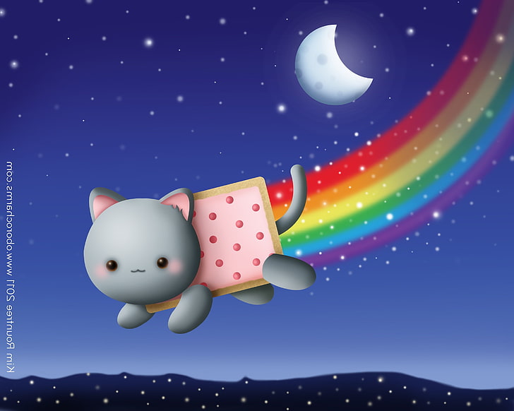 zwierzęta, kot, Koci, jedzenie, Memy, Księżyc, noc, Nyan Cat, tęcze, niebo, gwiazdy, Tapety HD
