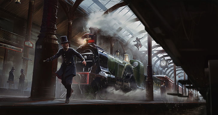 Hogwarts trains station digital wallpaper, Smoke, The engine, Watch, Light, Station, Chase, Assassins Creed, Art, Cars, Assassin's Creed, Syndicate, Ubisoft Quebec, Assassin's Creed: Syndicate, Jacob Fry, HD wallpaper