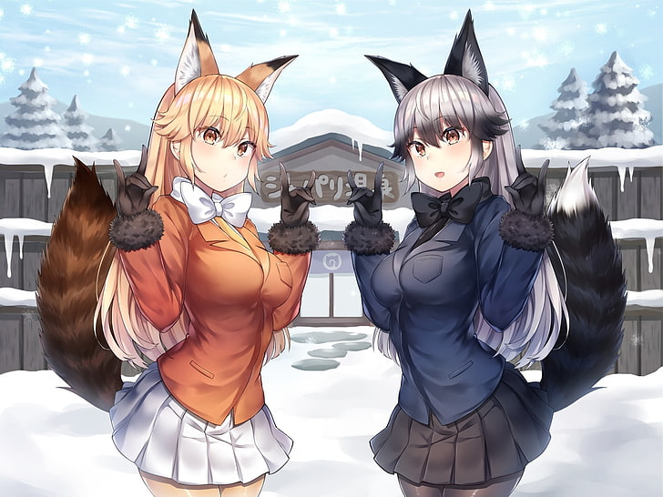 anime girls, fox girls, animal ears, tail, snow, blonde, Anime, HD wallpaper