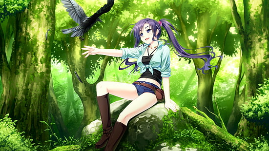 dziewczyny z anime, anime, wrona, głęboki las, spodenki dżinsowe, Tapety HD HD wallpaper