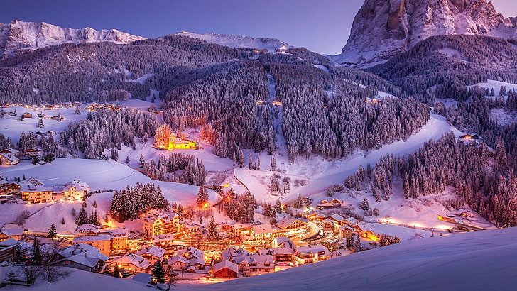 inverno, montanha, Europa, neve, Dolomitas, aldeia da montanha, Alpes, Ortisei, paisagem, Bolzano, Itália, Ulrich, Val Gardena, HD papel de parede