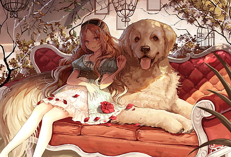 аниме момиче, блондинка, куче, усмихнато, сладко, цветя, аниме, HD тапет HD wallpaper