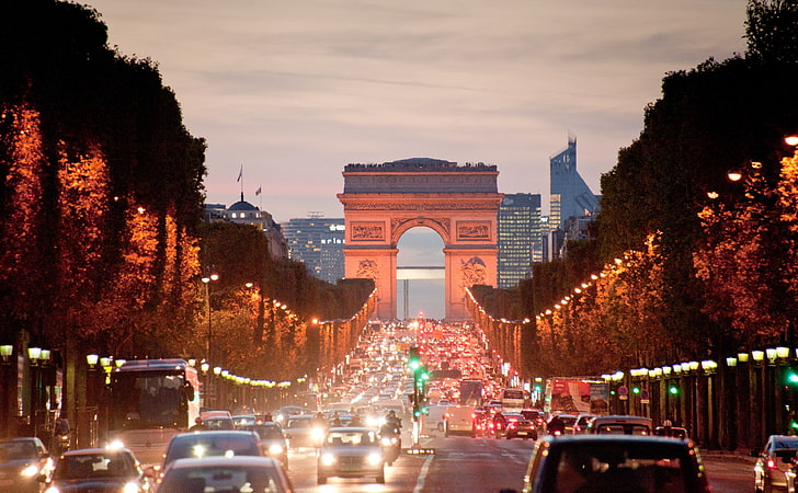 シャンゼリゼ通りを見下ろす、... 、,旋門、パリ、ヨーロッパ、フランス、旅行、パリ、車、休日、交通、2011年、シャンゼリゼ通り、 HDデスクトップの壁紙