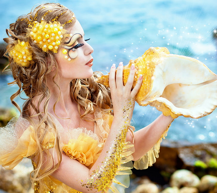 women's yellow off-shoulder top and conch shell, girl, mermaid, shell, HD wallpaper