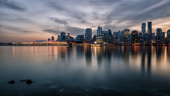 cityscape under stratus clouds during golden hour, Hallelujah, Point, Sunset, stratus clouds, golden hour, Vancouver Harbour, Skyline, Skyscape, Long Exposure, Milky, Clouds, Stanley Park, Tourism  British Columbia, Waterfront, Downtown, Colour, Wide Angle, Scenic, Port, Canada Place, Reflections, Sails, Shoreline, Cityscape, City Lights, D7000, DSLR, Pano, Buildings, urban Skyline, night, skyscraper, reflection, downtown District, architecture, urban Scene, dusk, city, famous Place, HD wallpaper HD wallpaper