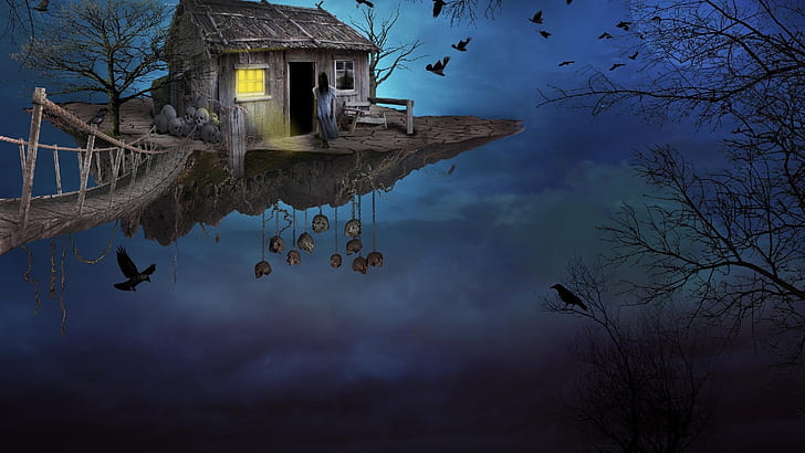 floating house, house, fantasy art, darkness, evening, branch, night, HD wallpaper