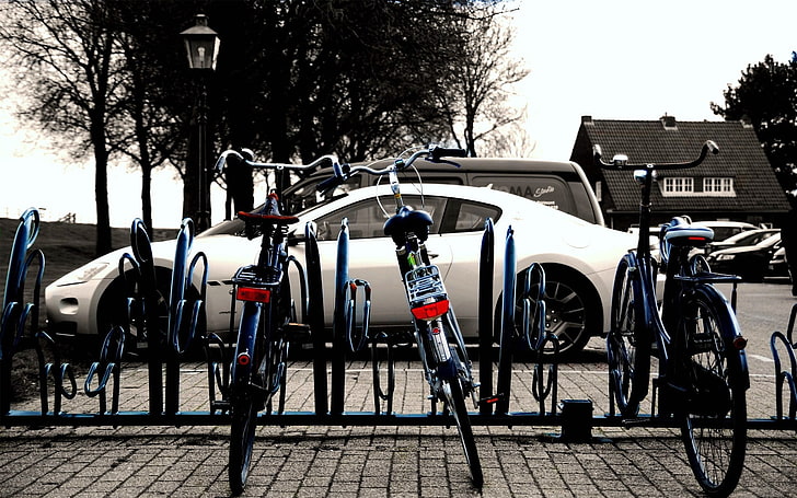 czarny stojak na rowery, auto, biały, rower, parking, Tapety HD