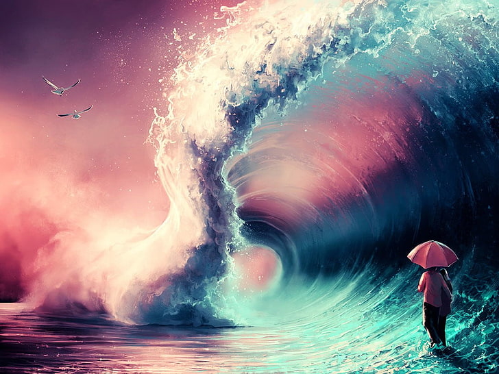 анимирани тапети с голяма сърф вълна, рисунка, море, синьо, розово, фентъзи изкуство, вълни, произведения на изкуството, чайки, AquaSixio, чадър, HD тапет