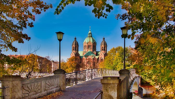 осень, мост, природа, город, Германия, Мюнхен, огни, церковь, храм, купола, HD обои