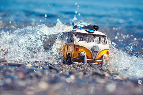 auto, eau, modèle, jouet, prise de vue, voyage, photo, photographe, miniature, obstacle, minibus, fourgon, Kim Leuenberger, Fond d'écran HD HD wallpaper