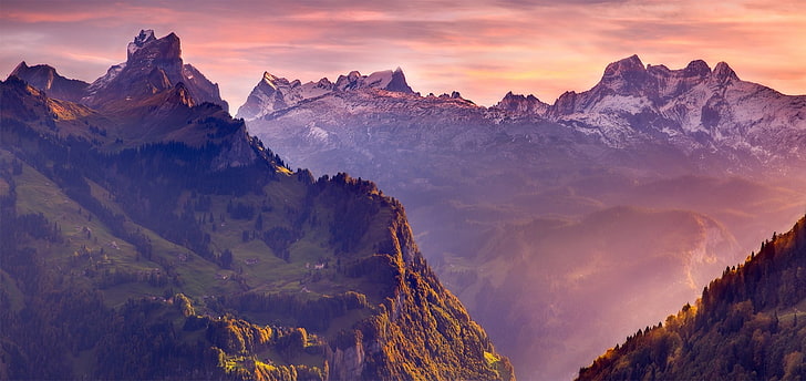 кафяви планини, природа, пейзаж, швейцарски Алпи, планини, снежен връх, гора, мъгла, слънчева светлина, село, трева, HD тапет