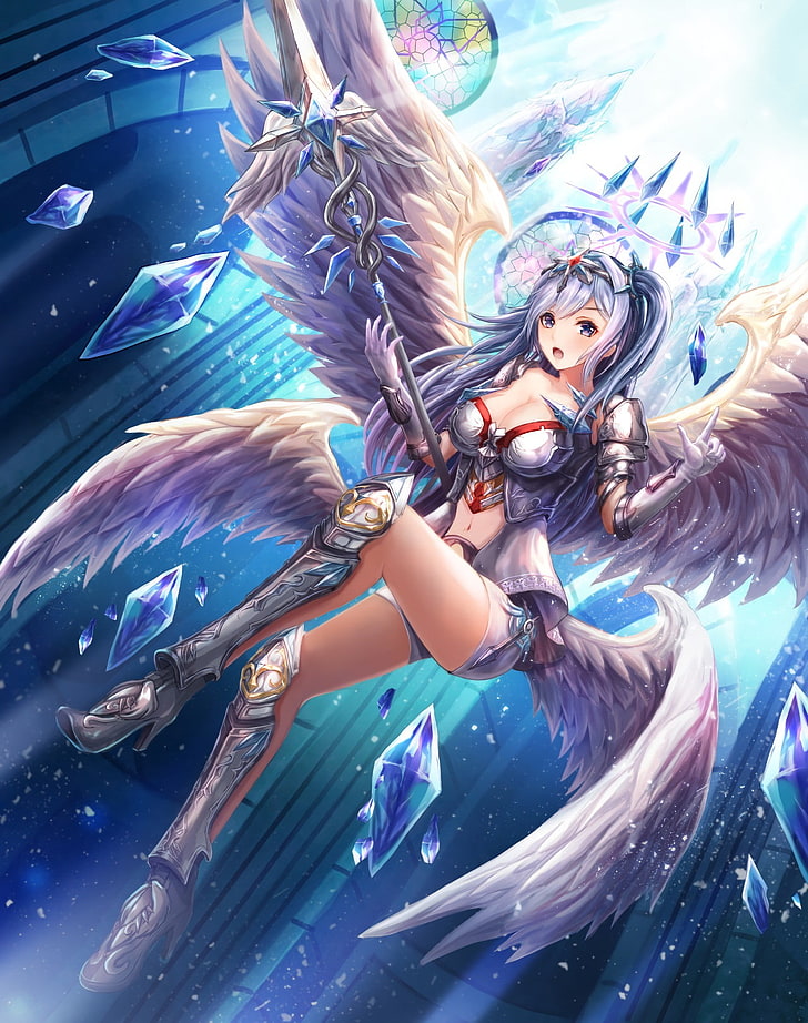 anime, anime girls, armor, wings, long hair, weapon, angel, HD wallpaper