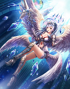 anime, anime girls, armor, wings, long hair, weapon, angel, HD wallpaper HD wallpaper