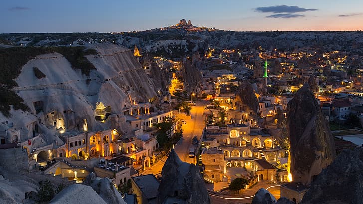 panorama, cittadina, piante, nuvole, casa, cielo, automobile, luci, Turchia, Cappadocia, rocce, Sfondo HD