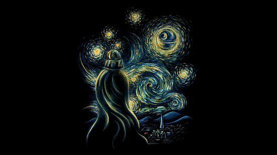 ภาพวาด Starry Night, Star Wars, Vincent van Gogh, ครอสโอเวอร์, เด ธ สตาร์, ดาร์ ธ เวเดอร์, งานศิลปะ, พื้นหลังสีดำ, คืนเต็มไปด้วยดวงดาว, วอลล์เปเปอร์ HD HD wallpaper