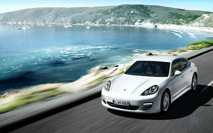 samochód, rozmycie ruchu, białe samochody, Porsche Panamera, Tapety HD