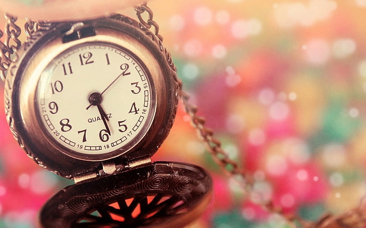 orologio da taschino tondo analogico al quarzo color argento, orologio, macro, numeri, frecce, Sfondo HD
