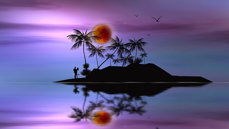 couple, uninhabited island, sunset, purple sky, silhouette, romance, romantic, night, palms, island, HD wallpaper