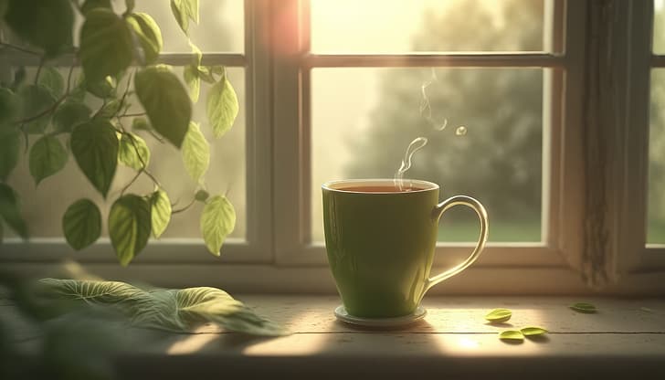 AI art, illustration, tea, window sill, leaves, sunlight, HD wallpaper